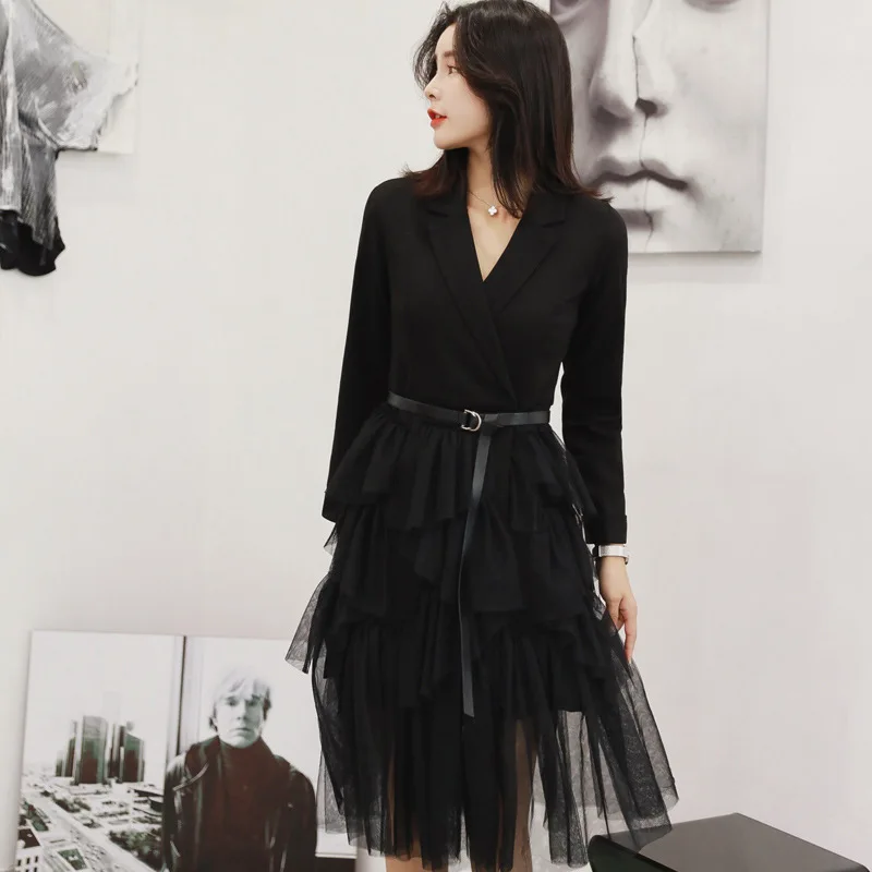 Autumn Patchwork Cascading Ruffle A-Line Dresses Turn-down Collar Long Sleeve Women Dress Elegant Lady Bandage Sexy Party | Женская