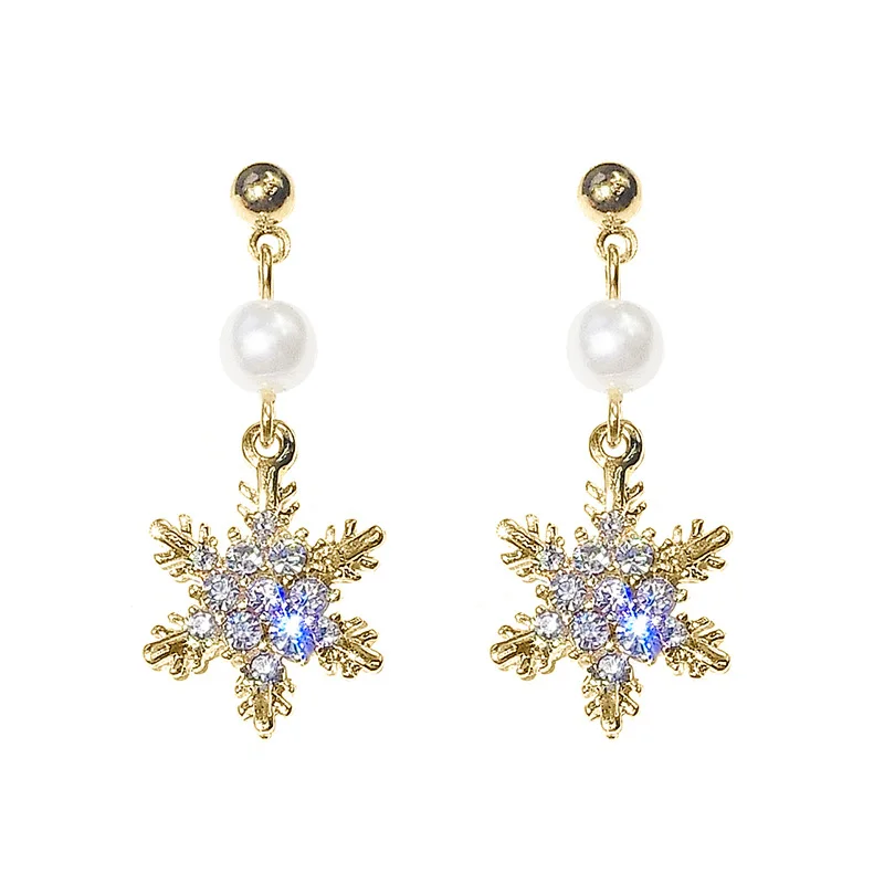 2019 Korean Style Temperament Gold Snowflake D Earrings AAA Dazzling Zircon Snow Flower For Women Wedding Gifts | Украшения и
