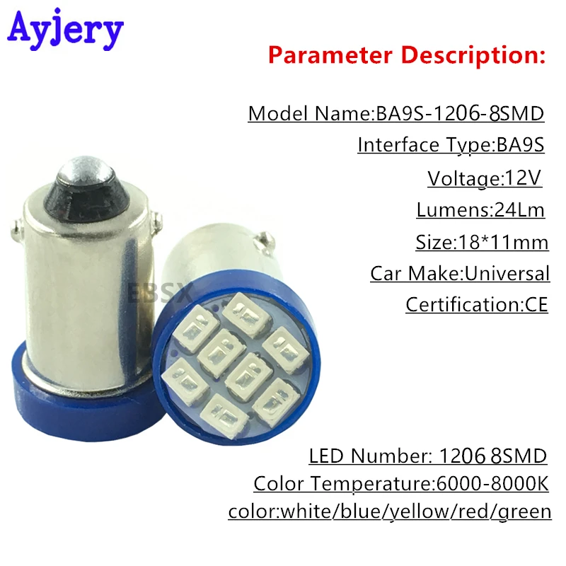 EBSX 100 шт. Автомобильные светодиодные лампы BA9S 1206 8SMD 3020 LED T4W 8 Smd клиновидная