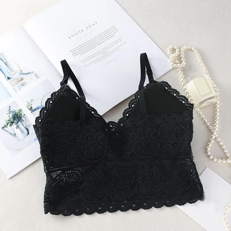 Women Fashion Wireless Bra Padded Bralette Deep V Lace Bras Summer Crop Top Embroidery Floral Tank Top