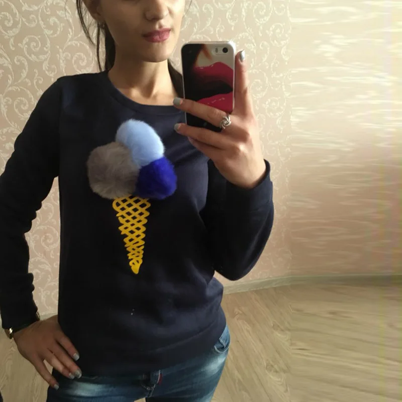 Aikoar Для женщин Симпатичные Pom печатных с круглым вырезом и длинными рукавами