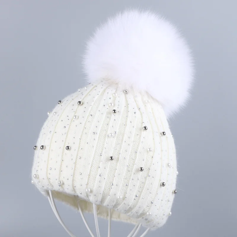 Fox Pom white hat Новая женская кашемировая зимняя шапка, тонкие шапочки из натурального меха лисы и норки, помпоны, шапочки Skullies, кашемировые Стразы модные зимние шляпы - Цвет: Fox Pom white hat