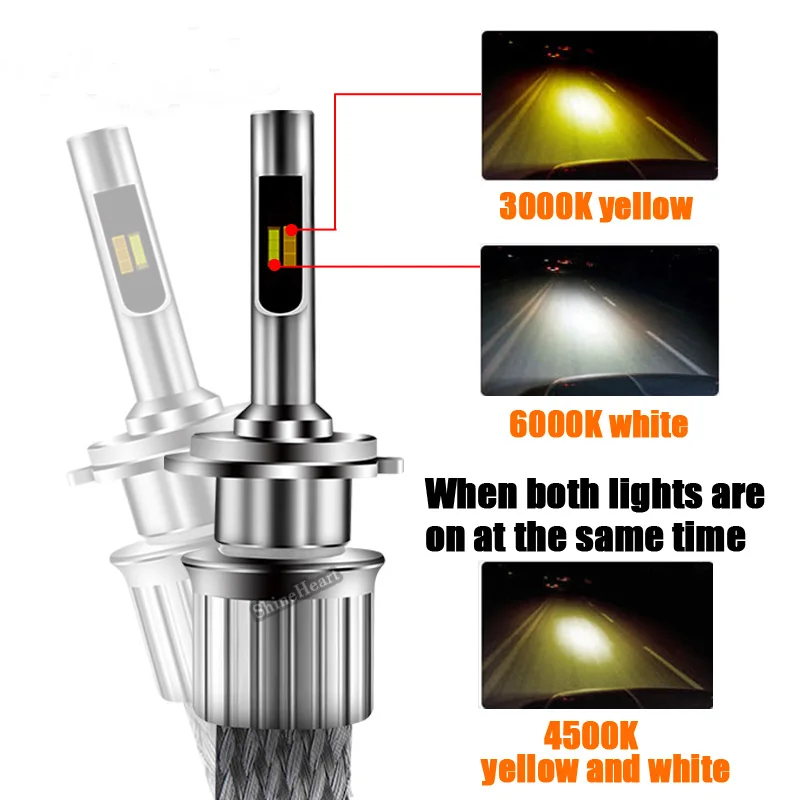 

2PC fanless Tri Color dual color 3000k 4500k 6000k h3 9005 9006 hb3 hb4 h8 h9 h11 car headlight conversation kit with heat sink
