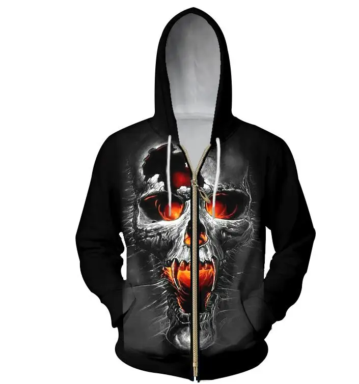 

3D Zipper Hoodies Men Broken Skull Printed Sweatshirt Hoody Male Hooded Zip Outwear Sweats Oversize Long Drawstring Jackets