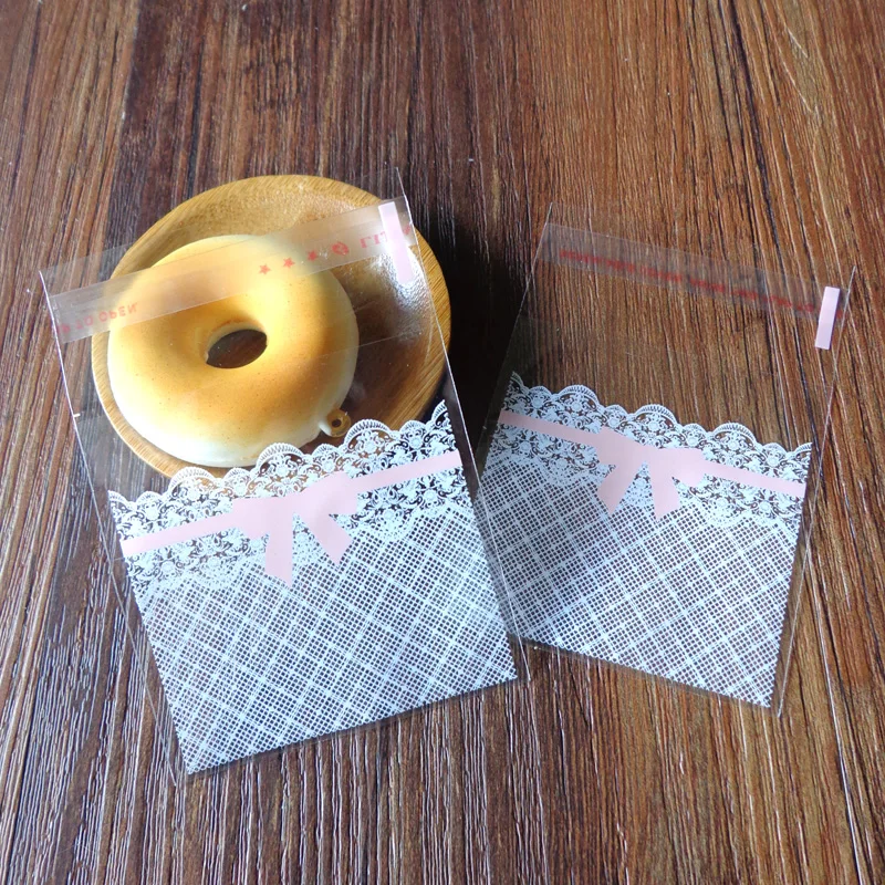 300pcs 7x7+3cm Lace and Bow Transparent Cookies Bags Self-adhesive Cellophane Bag Candy | Дом и сад