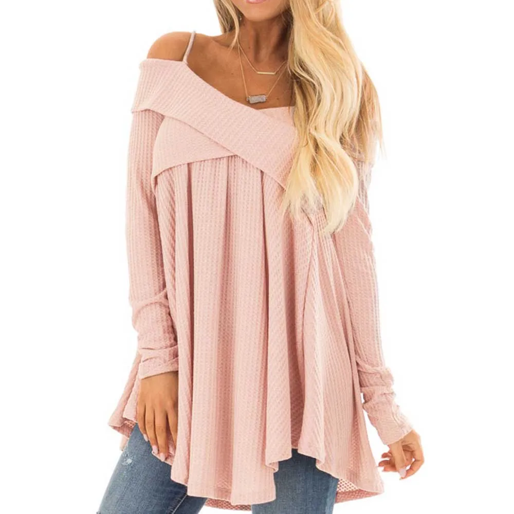 Sexy Cold Shoulder Criss Cross Tunic Sweater Casual Solid Spaghetti Strap Long Sleeve Pleated Pullover Jumpers Ladies Loose Tops | Женская