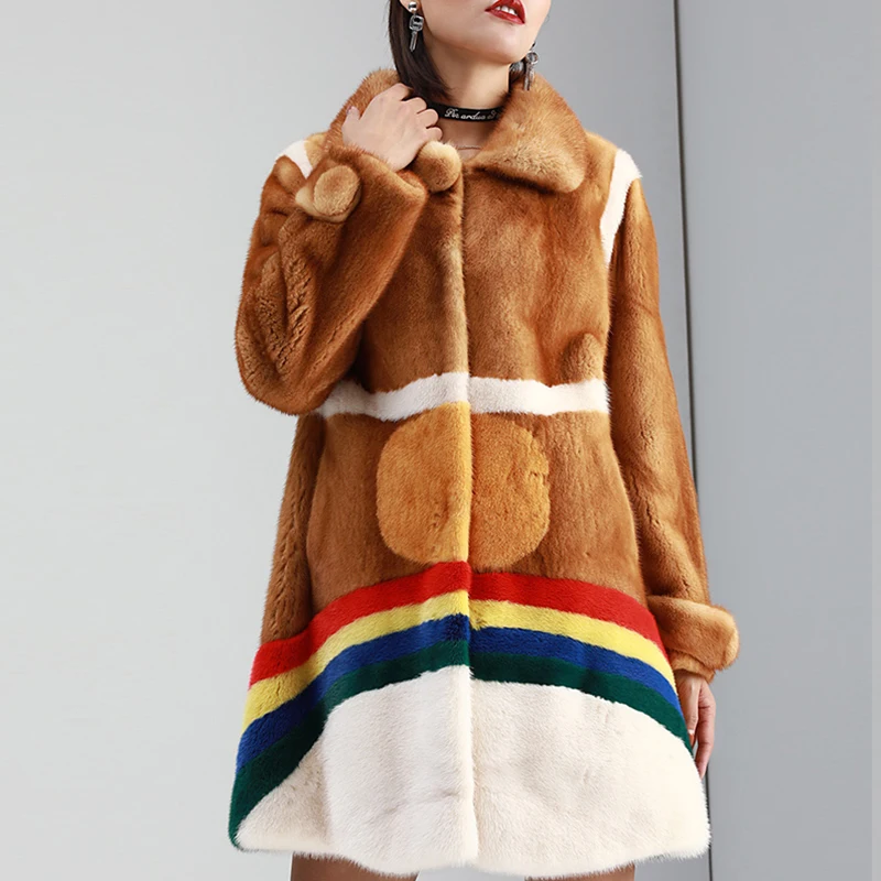 LVCHI Winter 2019 Real Mink Fur Coats Women's Patchwork Color Coat Full Pelt Contrast Color Turn-Down Collar Long Mink Coats