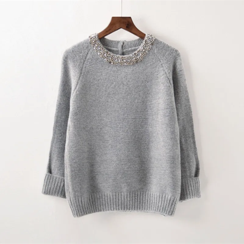 2018 Модный женский свитер с бусинами и круглым вырезом однотонный Повседневный