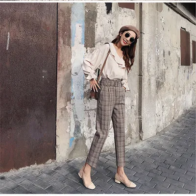 JUJULAND Для женщин брюки Проверено штаны-шаровары в офисном стиле High-waist ankle-длина Штаны повседневные высококачественные ткани 633 - Цвет: brown