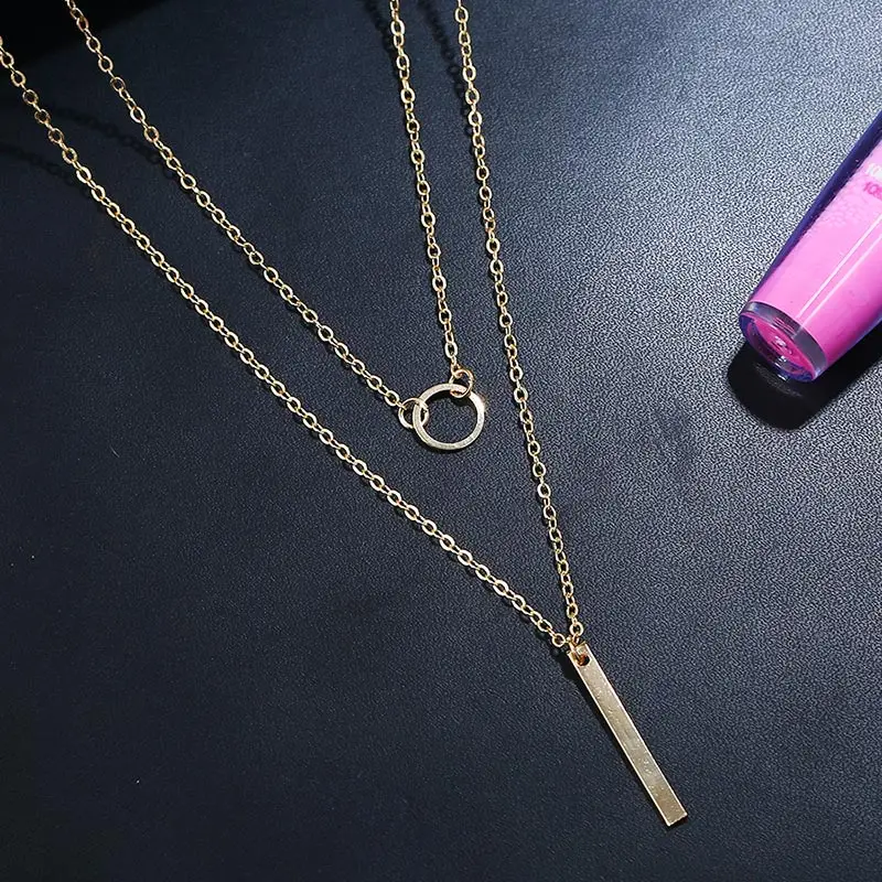 2018 NEW Simple popular jewelry fashion circle vertical bar multi-layer collarbone necklace long gold color pendant chain female | Украшения