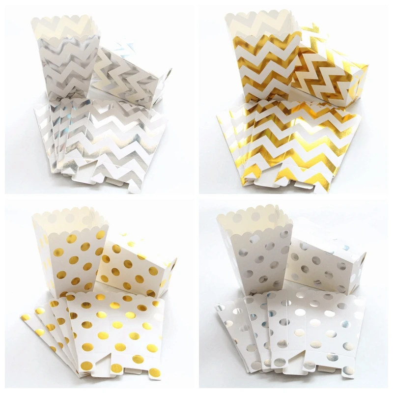 

6/12 pcs/lot Wedding Birthday Movie Party Tableware Gold/Silver paper Party Popcorn Boxes Pop Corn Candy/Sanck Favor Bags