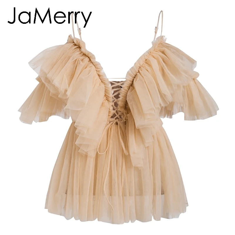 Nude JaMerry, винтажная, сексуальная, boho, сетчатая блузка, рубашка, женская, повседневная, одноцветная, с рюшами, рукав, элегантные топы, летние, на шнуровке, для девушек, blusas - Цвет: Nude