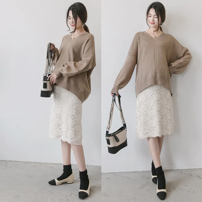 

Maternity A Line Skirts Lace Flowers Pregnancy Outwear High Waist Knitted Stretch Spring Autumn Clothings for Pregnant Women