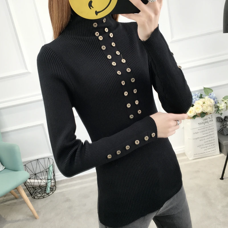 Button Turtleneck Winter Sweater Women 2019 Knitted Pullover Female Jumper Tricot Women's Tops Pull Femme White Black | Женская