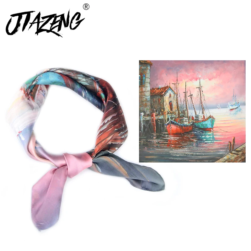 

Hijab Scarves For Women Fashion Oil Painting Print Silk Satin Scarf Female Luxury Brand 70 Square Shawls Head Scarfs For Ladies
