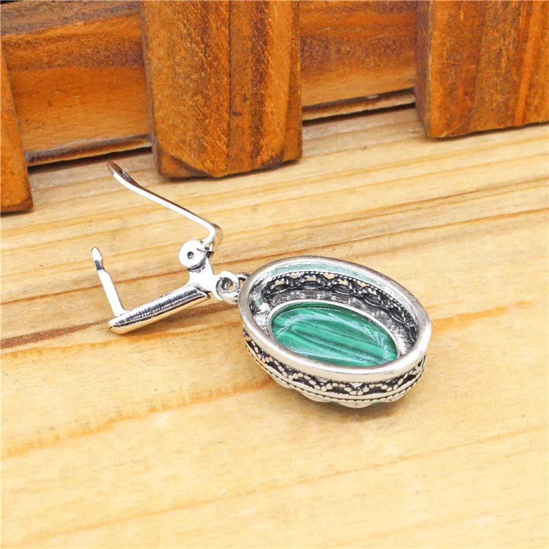 Цветок Овальный Малахит Длинные висячие серьги Винтаж Посмотрите Античная
