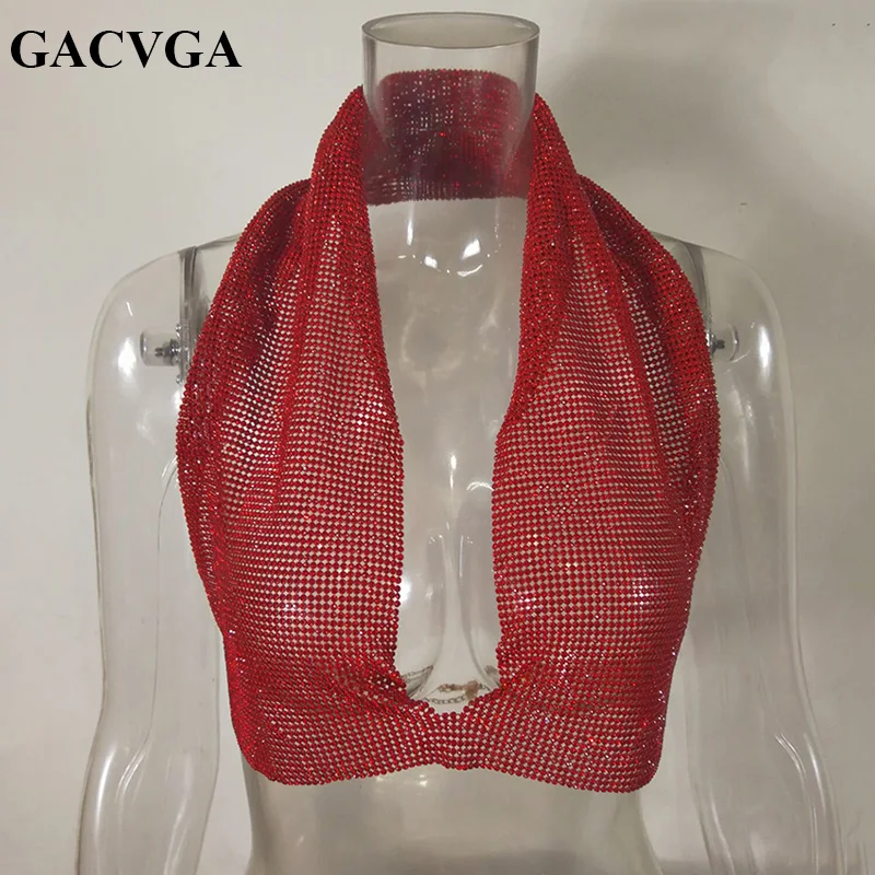 Кроп топ GACVGA с кристаллами 2019 блестящая Сексуальная футболка клубный жилет