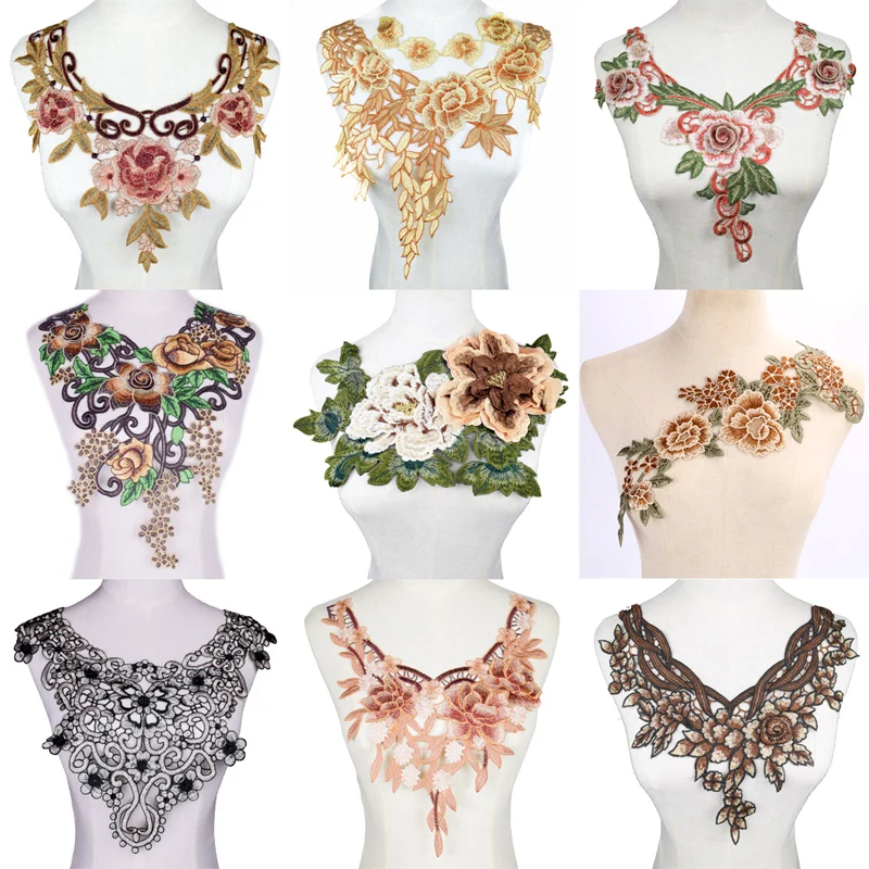 

Craft collar Venise Brown Floral Embroidered Applique Trim Decorated Lace Neckline Collar Sewing Crafts