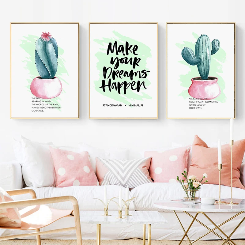 Nordic Watercolour Pink Plant Print Green cactus Art Canvas Painting Life Quotes Wall Poster Minimalist Picture for Living Room | Дом и сад