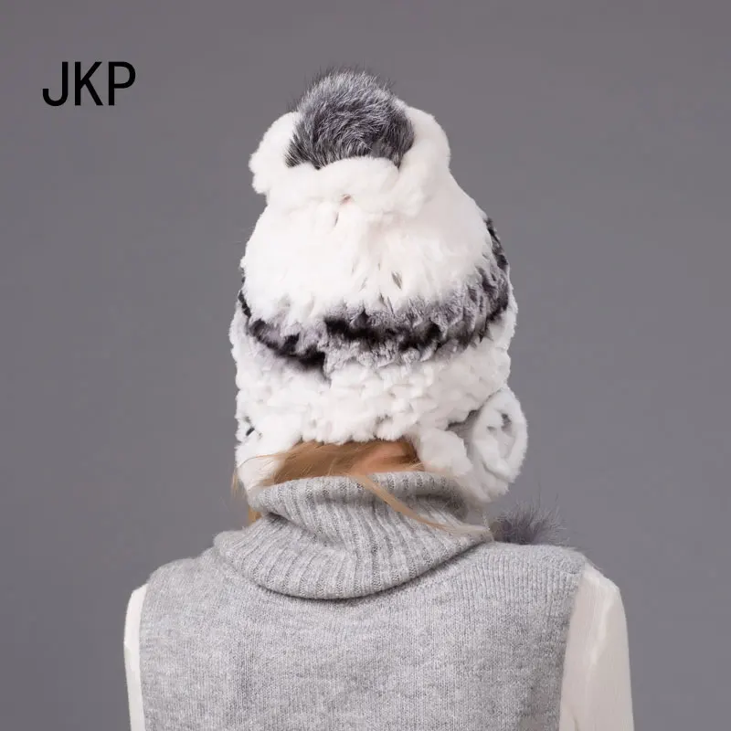 Женская вязаная шапка из натурального кроличьего меха зимняя Рекс с лисьим мехом