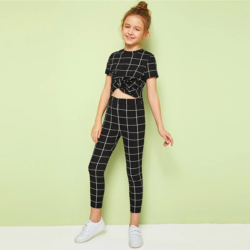 SHEIN/детский черный клетчатый топ со стоячим воротником и леггинсы повседневный комплект для детей г. Летние детские облегающие костюмы с короткими рукавами