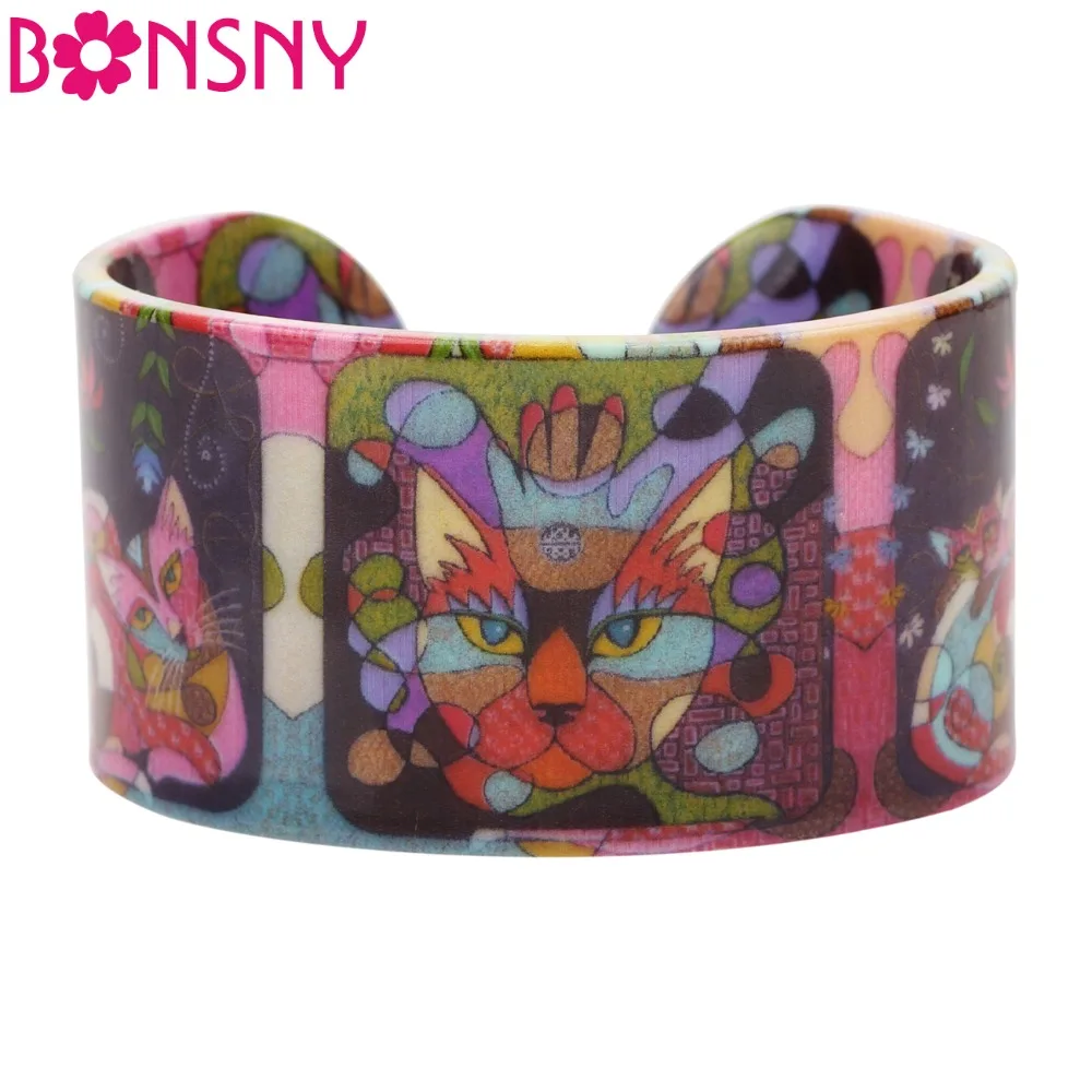 Акриловые широкие браслеты Bonsny с уникальным рисунком кошки котенка модные