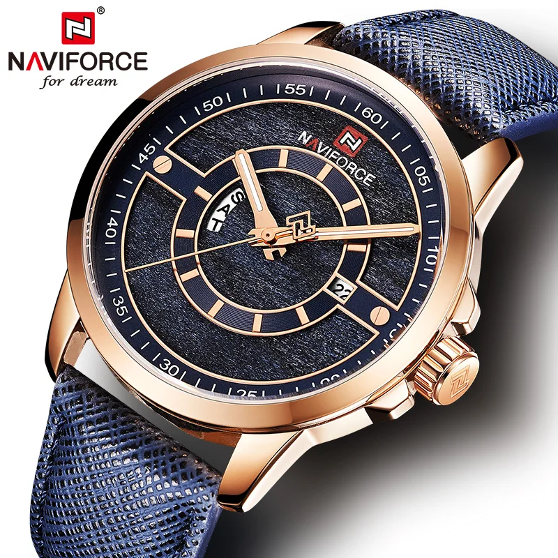 NAVIFORCE мужские наручные часы с кожаным ремешком синие Роскошные Брендовые