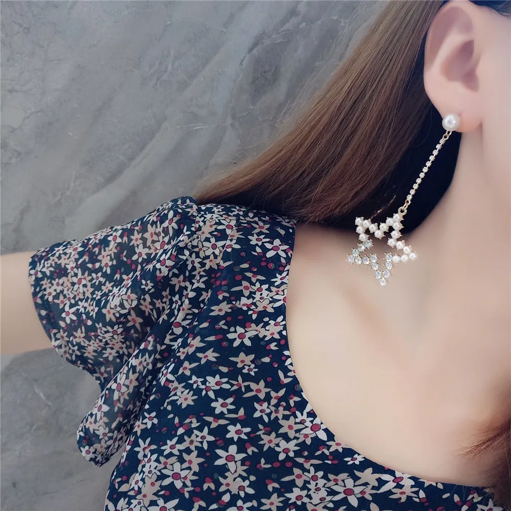 Женские корейские серьги с пятиконечной звездой Асимметричные Длинные