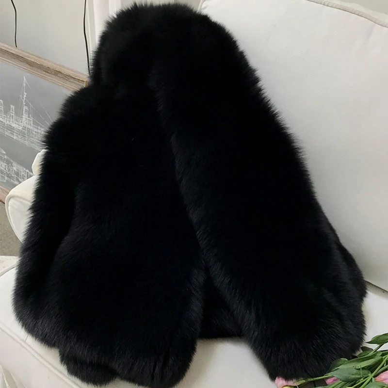 Maylofuer Real Black Fox Fur Coat Fashion Long Sleeves V-neck Genuine Women Warm Jacket Female Ladies Overcoat | Женская одежда