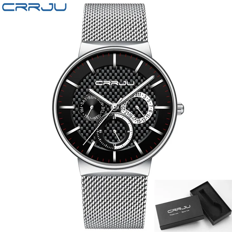 silver black Мужские часы CRRJU Топ бренд класса люкс водонепроницаемые ультра тонкие часы с датой Мужской стальной ремешок повседневные кварцевые часы белые спортивные наручные часы - Цвет: silver black