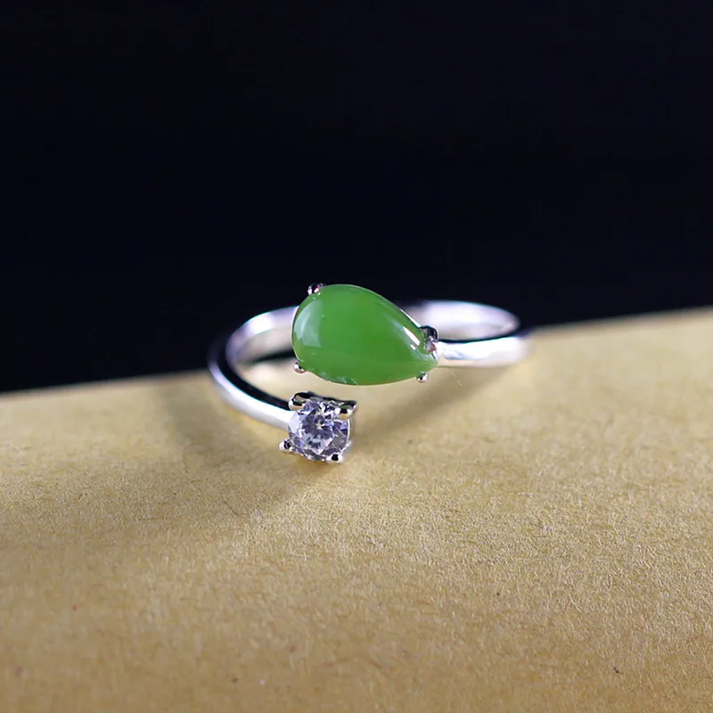 Женское кольцо с каплями воды зеленое Jade из серебра 925 пробы круглыми кристаллами