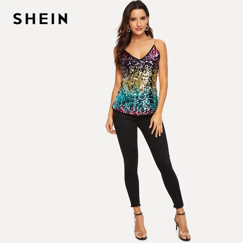 SHEIN Блестящий Топ На Бретелях С V-Образным Вырезом Женский Многоцветный Сексуальный Топ Без Рукавов