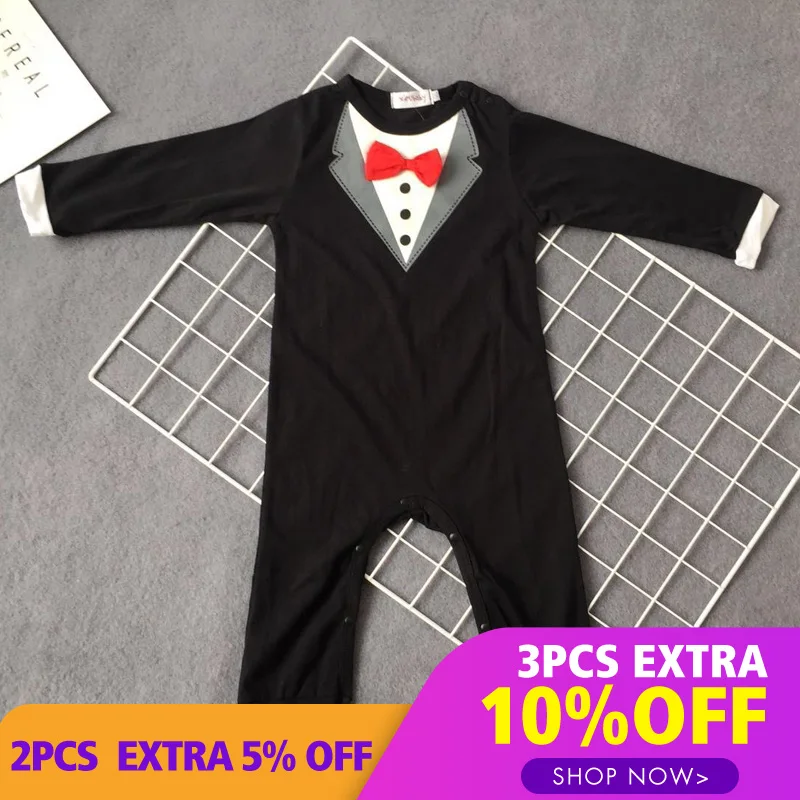 Lemonmiyu Baby Rompers Solid Tie Cotton O-Neck Tops Long Sleeve For Gentleman Children Covered Button Cartoon Pants 2018 |