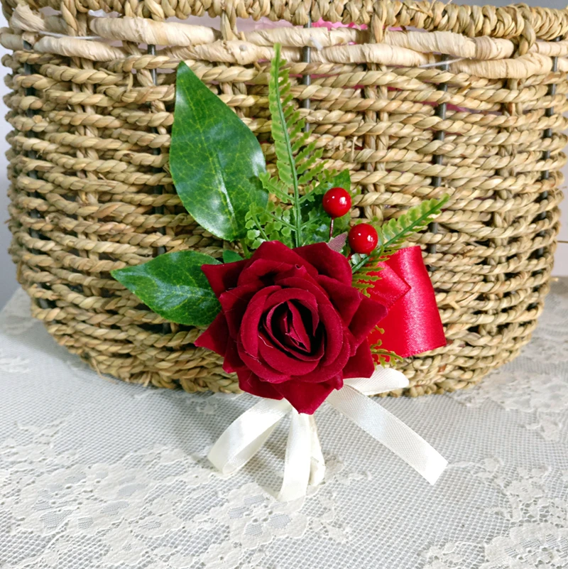 

whosale Burgundy rose brooch groom corsage groomsman flowers wine red petalos de rosa de boda Boutonnieres