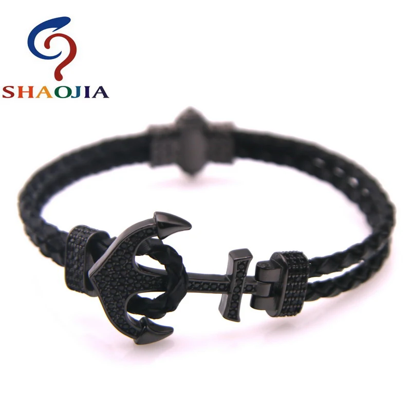 2020 Новый плетеный кожаный браслет с якорем из микроциркона шармами для мужчин и