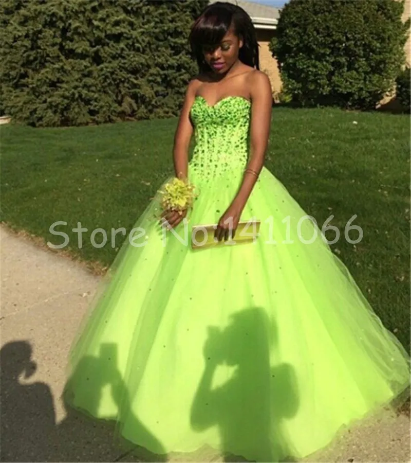 Sweetheart 2016 New Sexy Summer Fluorescent Green Beaded Tulle Ball Gown Prom Dresses Long Evening Party Dress vestido de festa | Свадьбы и
