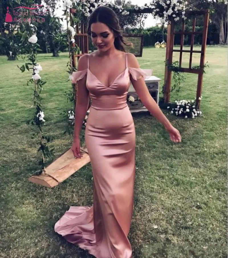 

New Maid of Honor Dresses Silk Mermaid Bridesmaid Gowns Sexy Spaghetti Straps V-neck Formal Wedding Guest Dress vestid JQ109