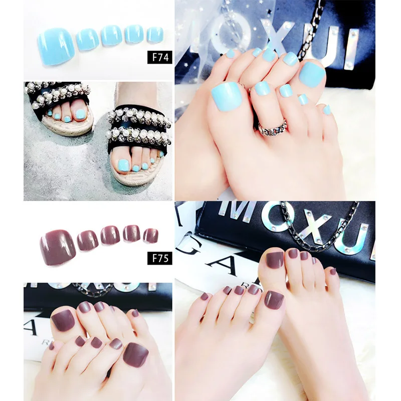 24 шт DIY модный дизайн ногтей советы с клеем Девушки Лето конфеты цвет ложные ножные ногти для женщин Чистый цвет акриловый носок поддельные ногти