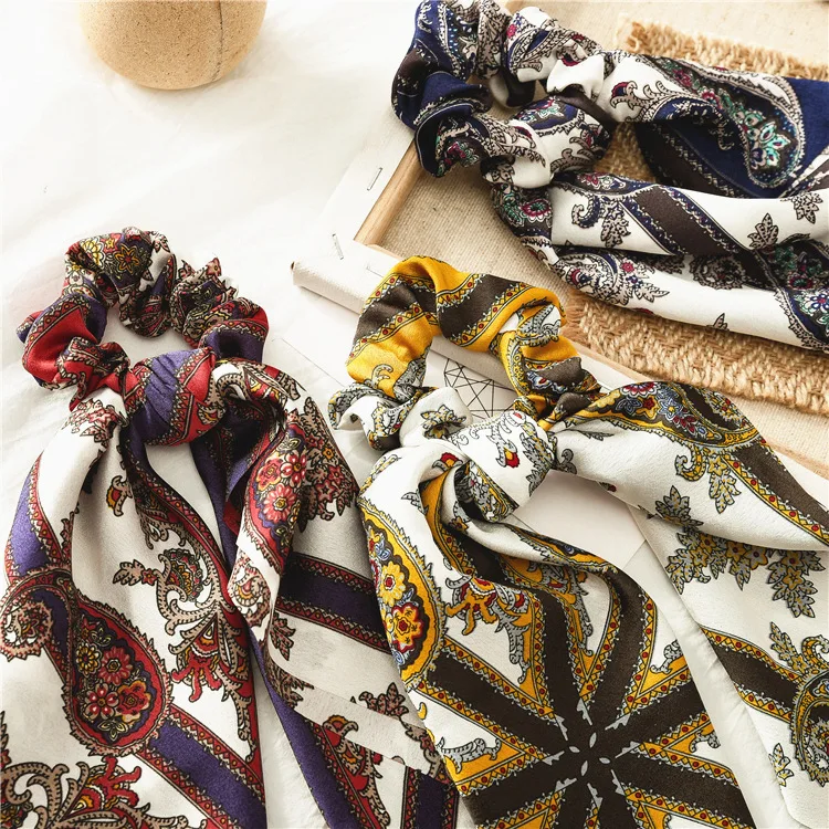Summer Flower Printed Women Elastic Scrunchies Hair Bands Retro Hair Ties Scarf Rubber Band Hair Accessories for Women Girls