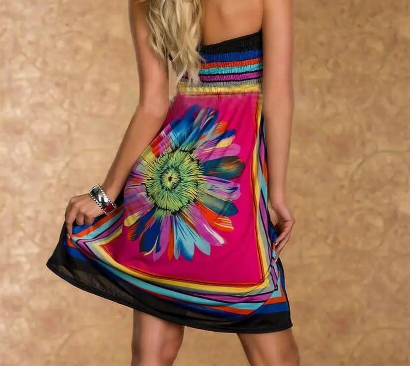 Женское платье с открытыми плечами Boho Пляжное мини цветочным принтом летнее