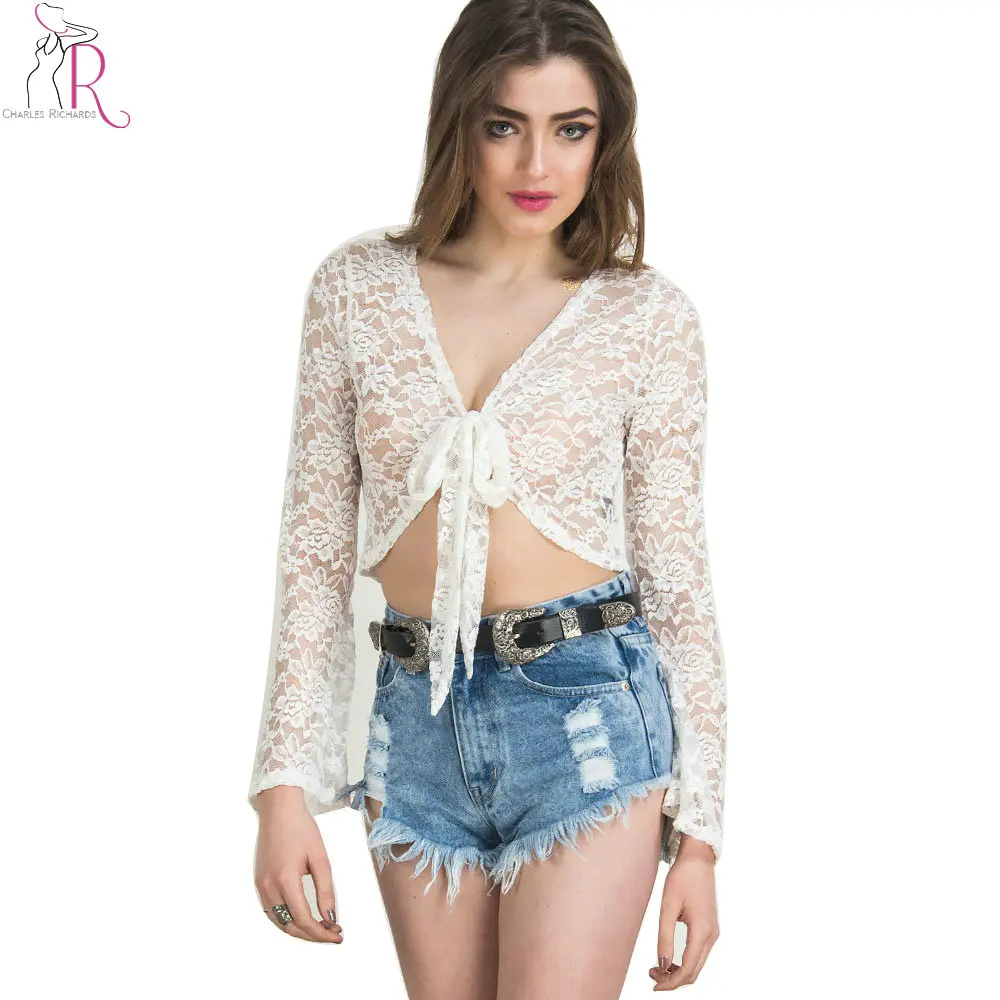 Для женщин Блузка Белый Кружево Растениеводство Топ с длинным Bell Sleeve Sheer бантом