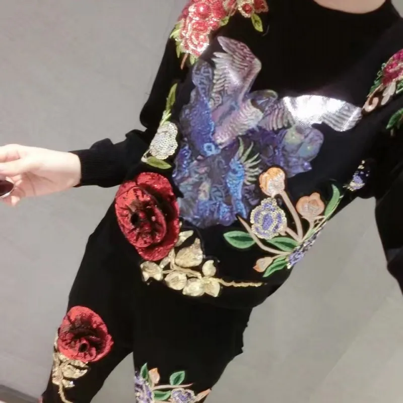 

High Street Floral Appliques Sequins Womens Casual Kintting Outifits Long Sleeve O-Neck Top Sweatshirt Full Length Harem Pants