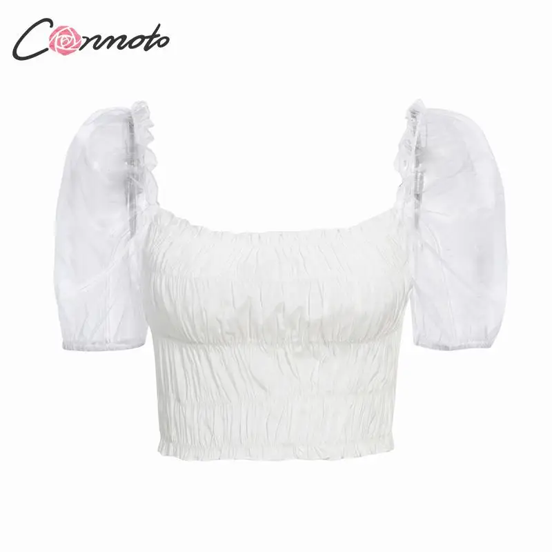 Conmoto Short Sexy White Blouse Mesh Women Crop Top Shirt Puff Sleeve Shirts Winter 2019 Casual Blusa Mujer |