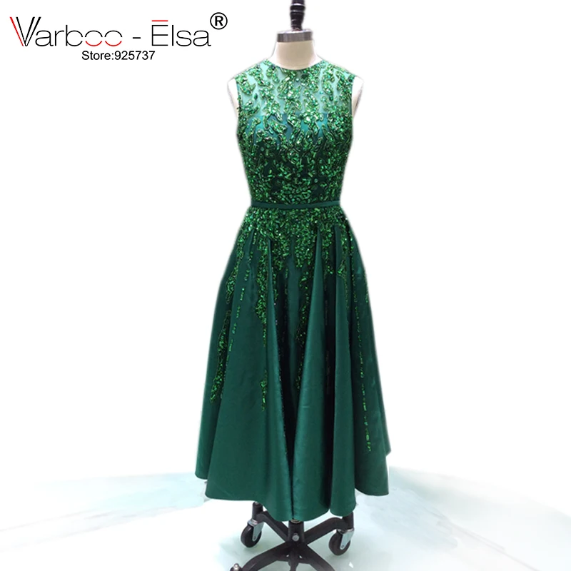 

VARBOO_ELSA O-Neck green evening dress crystal prom party dress Sleeveless Pearls tea length heavy beads Saudi Arab Dress 2021