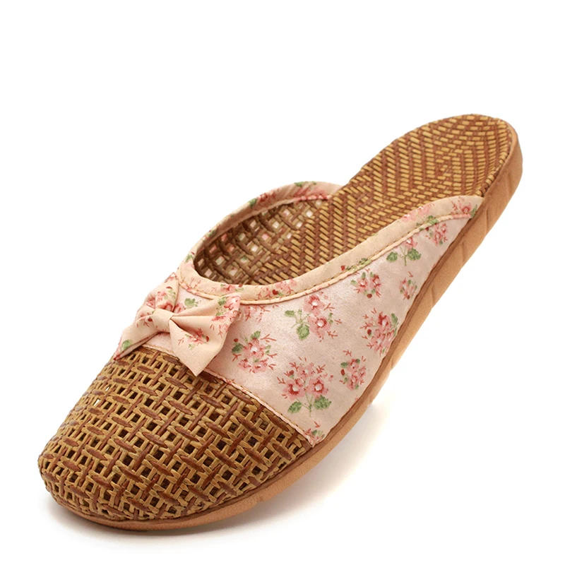 pink Женские домашние тапочки; льняные тапочки; повседневные льняные домашние тапочки с цветочным принтом и бантом; женские летние сандалии; домашняя обувь для женщин - Цвет: pink