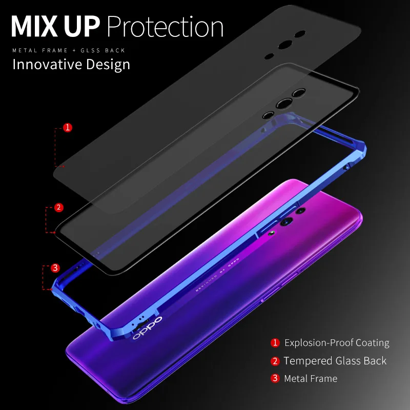 Luxury Aluminum Metal Armor Case For OPPO Reno Shockproof Transparent Clear Glass Back Cover Bumper etui |