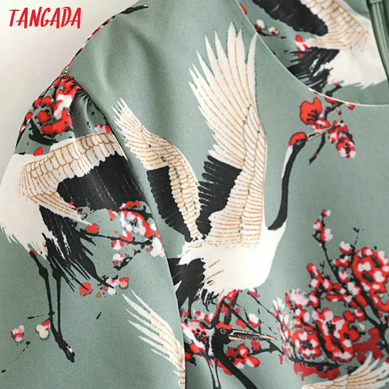 Tangada прямое платье зеленое платье с птицами журавли платье с коротким рукавом летнее платье шифоновое платье выше колена мини летнее платье AH12
