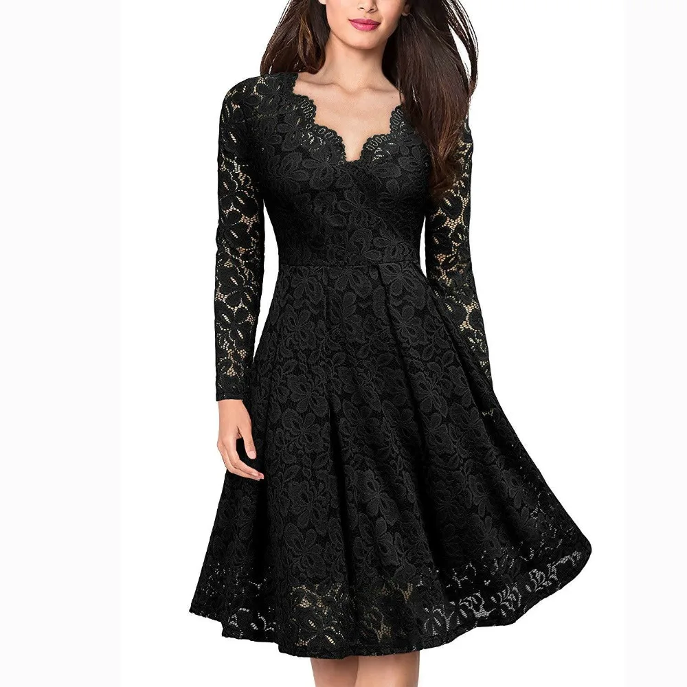 Женское винтажное платье с V образным вырезом Приталенное кружевное в стиле