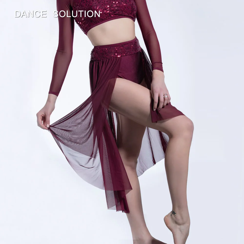 19600 Burgundy Sequin Crop Top with Shorts Attached Skirt Girl &amp Woman Contemporary Dance Dress Dancer Stage Performance Costume |