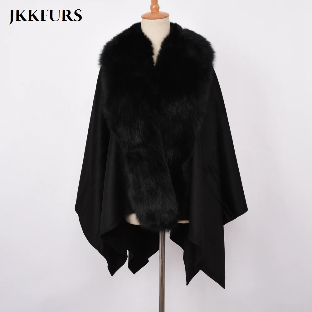 JKKFURS, новинка, женское пончо, натуральный Лисий мех, воротник, отделка и шерсть, накидка, модный стиль, высокое качество, зимнее теплое пальто S7357